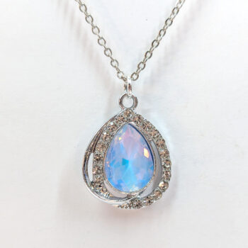 Creamy Blue Halo Rhinestone Teardrop Necklace Silver