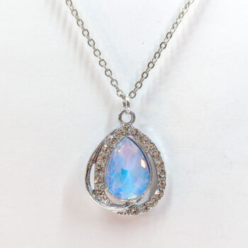 Creamy Blue Halo Rhinestone Teardrop Necklace Silver - Image 3