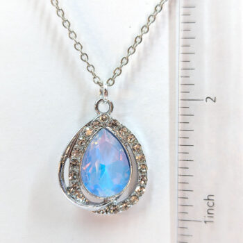 Creamy Blue Halo Rhinestone Teardrop Necklace Silver - Image 2