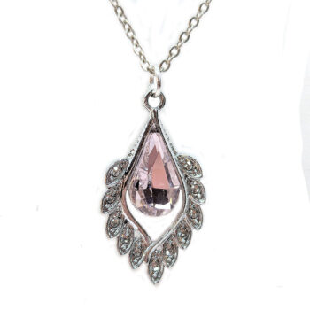 Pink Clear Rhinestone Teardrop Drop Necklace Silver