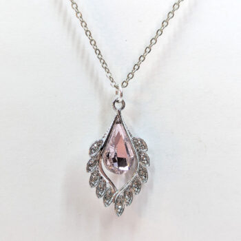 Pink Clear Rhinestone Teardrop Drop Necklace Silver - Image 2