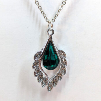 Green Clear Rhinestone Teardrop Drop Necklace Silver