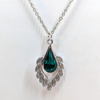 Green Clear Rhinestone Teardrop Drop Necklace Silver - Image 3