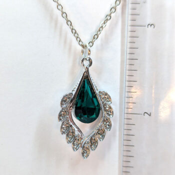 Green Clear Rhinestone Teardrop Drop Necklace Silver - Image 2