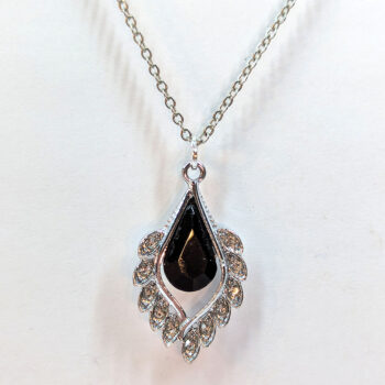 Black Clear Rhinestone Teardrop Drop Necklace Silver - Image 3