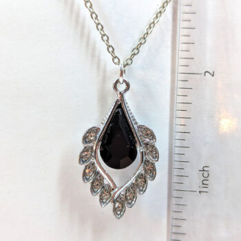 Black Clear Rhinestone Teardrop Drop Necklace Silver - Image 2