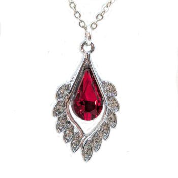 Red Clear Rhinestone Teardrop Drop Necklace Silver