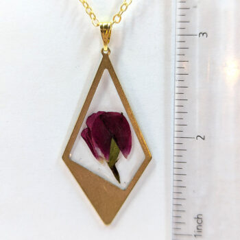 Medium Gold Diamond Real Dried Red Rose Flower Resin Necklace - Image 3