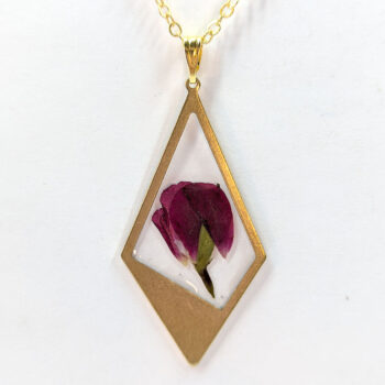 Medium Gold Diamond Real Dried Red Rose Flower Resin Necklace