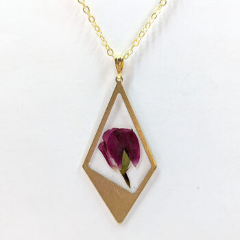 Medium Gold Diamond Real Dried Red Rose Flower Resin Necklace - Image 2