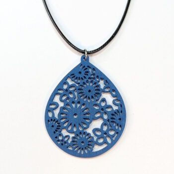 Large Hollow Flowers Teardrop Blue Wood Necklace