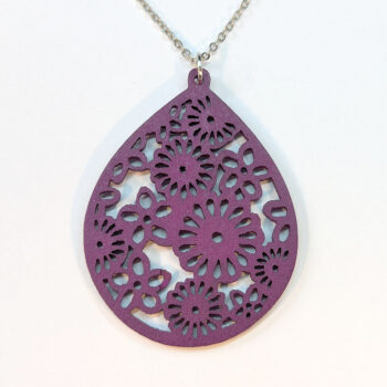 Large Hollow Flowers Teardrop Purple Wood Necklace - Image 3