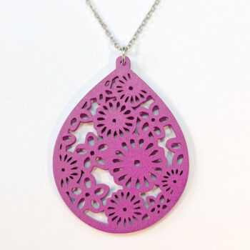 Large Hollow Flowers Teardrop Hot Pink Wood Necklace - Image 4