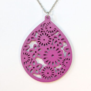 Large Hollow Flowers Teardrop Hot Pink Wood Necklace - Image 3