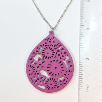 Large Hollow Flowers Teardrop Hot Pink Wood Necklace - Image 2