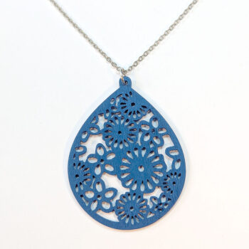 Large Hollow Flowers Teardrop Blue Wood Necklace - Image 3