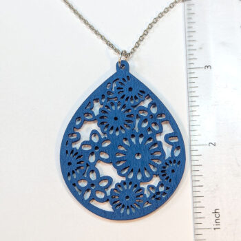 Large Hollow Flowers Teardrop Blue Wood Necklace - Image 2