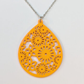 Large Hollow Flowers Teardrop Orange Wood Necklace - Image 3