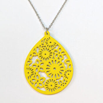 Large Hollow Flowers Teardrop Yellow Wood Necklace - Image 3