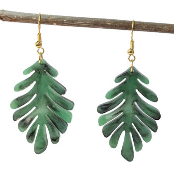 Large Green Black Marble Fern Leaf Resin Earrings