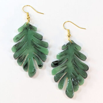 Large Green Black Marble Fern Leaf Resin Earrings - Image 4