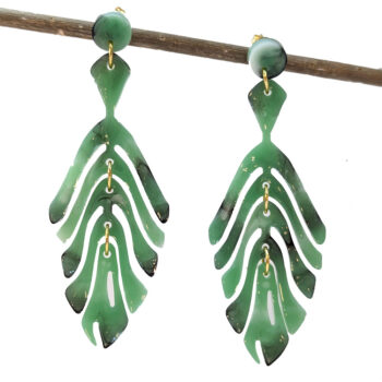 Cascading Fern Leaf Green Black Marble Resin Earrings Gold