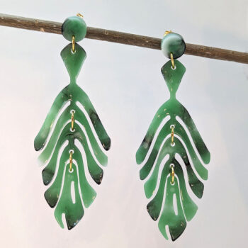 Cascading Fern Leaf Green Black Marble Resin Earrings Gold - Image 3