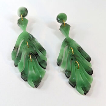 Cascading Fern Leaf Green Black Marble Resin Earrings Gold - Image 2