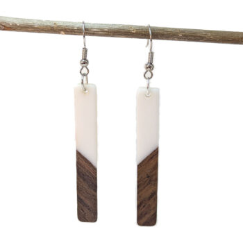 Slim Long Rectangle Silver White Resin Wood Earrings