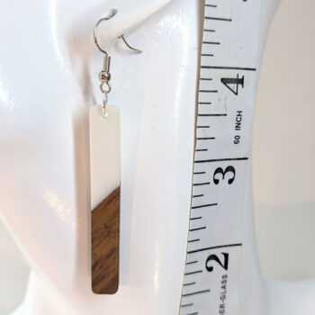 Slim Long Rectangle Silver White Resin Wood Earrings - Image 2