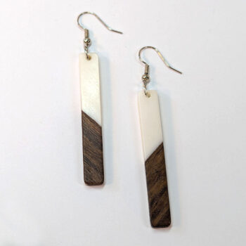 Slim Long Rectangle Silver White Resin Wood Earrings - Image 4