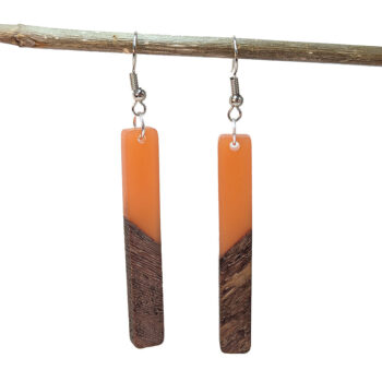 Slim Long Rectangle Silver Orange Resin Wood Earrings