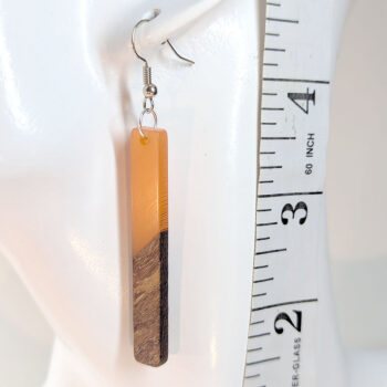 Slim Long Rectangle Silver Orange Resin Wood Earrings - Image 3