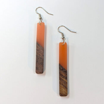 Slim Long Rectangle Silver Orange Resin Wood Earrings - Image 2