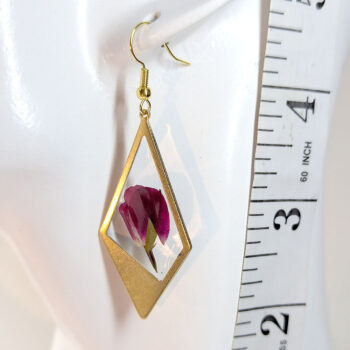 Medium Gold Diamond Real Dried Red Rose Flower Resin Earrings - Image 3