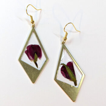 Medium Gold Diamond Real Dried Red Rose Flower Resin Earrings - Image 2