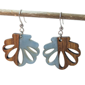 Steel Blue Leaf Scallop Shell Resin Wood Earrings