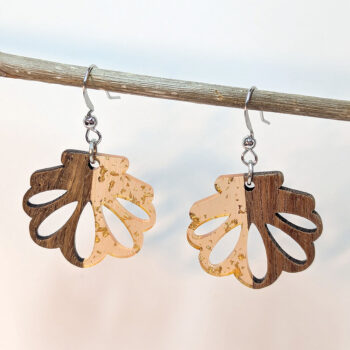 Peach Silver Leaf Scallop Shell Resin Wood Earrings - Image 3