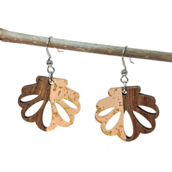 Peach Silver Leaf Scallop Shell Resin Wood Earrings