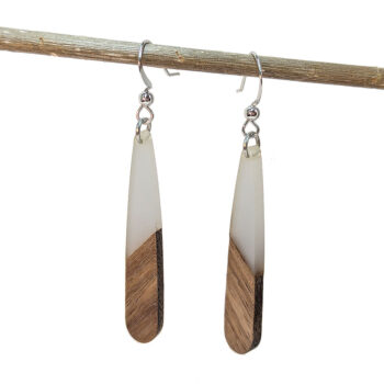 Slim Long Teardrop Silver Cream Resin Wood Earrings