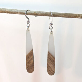 Slim Long Teardrop Silver Cream Resin Wood Earrings - Image 3