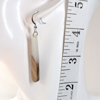 Slim Long Teardrop Silver Cream Resin Wood Earrings - Image 2