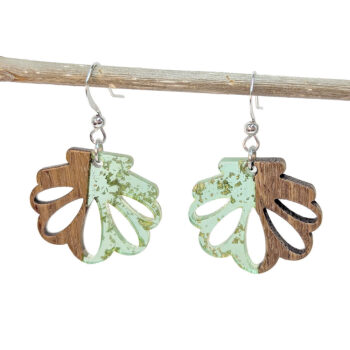 Green Silver Leaf Scallop Shell Resin Wood Earrings