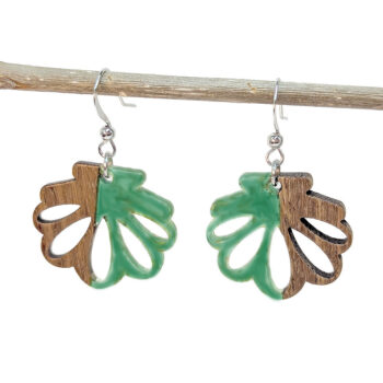 Green Marble Scallop Shell Resin Wood Earrings