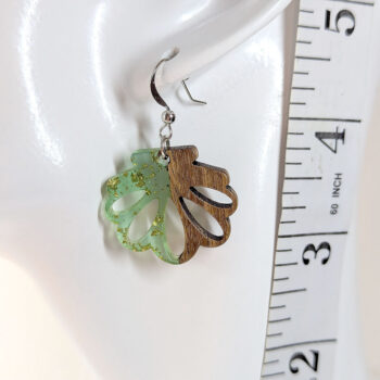 Green Silver Leaf Scallop Shell Resin Wood Earrings - Image 2