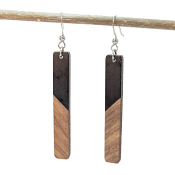 Slim Long Rectangle Silver Black Resin Wood Earrings