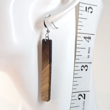 Slim Long Rectangle Silver Black Resin Wood Earrings - Image 2