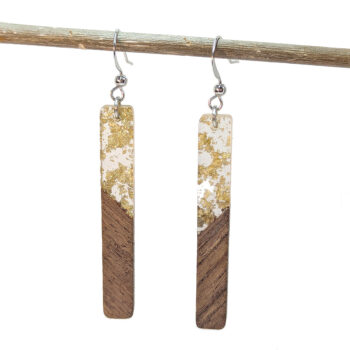 Slim Long Rectangle Gold Leaf Wood Resin Earrings Silver