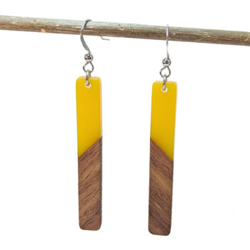 Slim Long Rectangle Silver Yellow Resin Wood Earrings