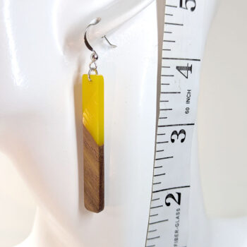 Slim Long Rectangle Silver Yellow Resin Wood Earrings - Image 2